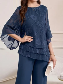 Amorya Women's Mesh Patchwork Top And Long Pants Casual Mature Elegant Daily Dinner Semi Formal Party Night 2 Pieces Set Cocktail Navy Blue Summer Wedding - Navy Blue - View 4