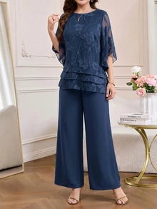 Amorya Women's Mesh Patchwork Top And Long Pants Casual Mature Elegant Daily Dinner Semi Formal Party Night 2 Pieces Set Cocktail Navy Blue Summer Wedding - Navy Blue - View 3