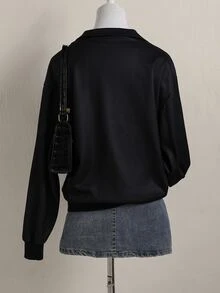 青少年女孩蜘蛛網圖案半拉鍊套頭衛衣 寬鬆街頭風 秋冬休閒連帽運動衫 - 黑色 - 查看 2