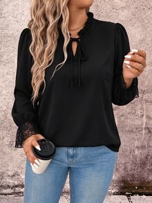 Elenzga Black Lace Patchwork Ruffle Trim Top, Vintage Elegant Semi-Sheer Inner Layer Long Sleeve Plus Size Shirt, Black Lace Top | Ruffle Trim Shirt | French Vintage | Commute Inner Layer | - Black - View 3