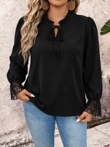 Elenzga Black Lace Patchwork Ruffle Trim Top, Vintage Elegant Semi-Sheer Inner Layer Long Sleeve Plus Size Shirt, Black Lace Top | Ruffle Trim Shirt | French Vintage | Commute Inner Layer | - Black - View 2