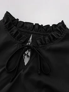 Elenzga Black Lace Patchwork Ruffle Trim Top, Vintage Elegant Semi-Sheer Inner Layer Long Sleeve Plus Size Shirt, Black Lace Top | Ruffle Trim Shirt | French Vintage | Commute Inner Layer | - Black - View 5