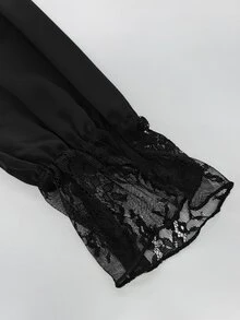 Elenzga Black Lace Patchwork Ruffle Trim Top, Vintage Elegant Semi-Sheer Inner Layer Long Sleeve Plus Size Shirt, Black Lace Top | Ruffle Trim Shirt | French Vintage | Commute Inner Layer | - Black - View 6