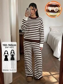 SHEIN PETITE Stylish Brown Striped Sweater Two Pieces Set For Petite Women – Smart-Casual Workwear - Brown - View 5