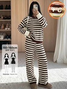 SHEIN PETITE Stylish Brown Striped Sweater Two Pieces Set For Petite Women – Smart-Casual Workwear - Brown - View 4