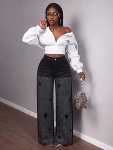 Slaydiva Plus Size Women's Rhinestone Star Print Wide Leg Jeans, High Waist Sparkle Embellished Loose Baggy Black Denim Pants, Y2K Concert Party Going Out Jean - Blue - View 5