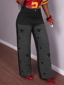 Slaydiva Plus Size Women's Rhinestone Star Print Wide Leg Jeans, High Waist Sparkle Embellished Loose Baggy Black Denim Pants, Y2K Concert Party Going Out Jean - Blue - View 6