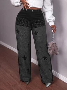 Slaydiva Plus Size Women's Rhinestone Star Print Wide Leg Jeans, High Waist Sparkle Embellished Loose Baggy Black Denim Pants, Y2K Concert Party Going Out Jean - Blue - View 2