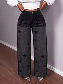 Slaydiva Plus Size Women's Rhinestone Star Print Wide Leg Jeans, High Waist Sparkle Embellished Loose Baggy Black Denim Pants, Y2K Concert Party Going Out Jean - Blue - View 4