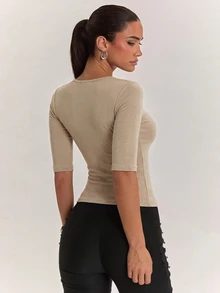 SHEIN BAE Atasan Lengan Panjang Kasmir Lembut & Nyaman untuk Wanita, Cocok untuk Aktivitas Sehari-hari, Kembali ke Sekolah, Bepergian & Pakaian Kantor - Khaki - View 2