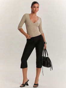 SHEIN BAE Atasan Lengan Panjang Kasmir Lembut & Nyaman untuk Wanita, Cocok untuk Aktivitas Sehari-hari, Kembali ke Sekolah, Bepergian & Pakaian Kantor - Khaki - View 4