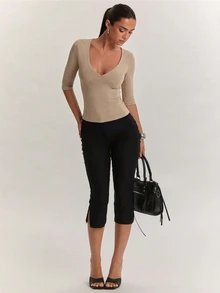 SHEIN BAE Atasan Lengan Panjang Kasmir Lembut & Nyaman untuk Wanita, Cocok untuk Aktivitas Sehari-hari, Kembali ke Sekolah, Bepergian & Pakaian Kantor - Khaki - View 3
