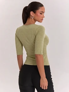 SHEIN BAE 女款柔軟舒適羊絨長袖上衣，適合日常外出、返校、通勤與辦公穿著 - 橄欖綠 - 查看 2