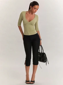 SHEIN BAE 女款柔軟舒適羊絨長袖上衣，適合日常外出、返校、通勤與辦公穿著 - 橄欖綠 - 查看 3
