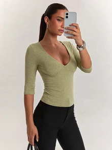 SHEIN BAE 女款柔軟舒適羊絨長袖上衣，適合日常外出、返校、通勤與辦公穿著 - 橄欖綠 - 查看 5