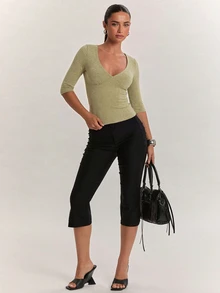 SHEIN BAE 女款柔軟舒適羊絨長袖上衣，適合日常外出、返校、通勤與辦公穿著 - 橄欖綠 - 查看 4