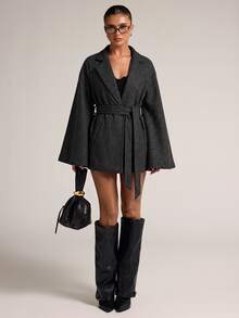 SHEIN BAE جاكيت نسائي طويل الأكمام بجيوب بأسلوب الشارع - رمادي غامق - مشاهدة 1