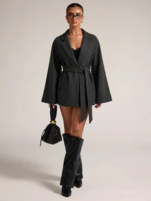 SHEIN BAE جاكيت نسائي طويل الأكمام بجيوب بأسلوب الشارع - رمادي غامق - مشاهدة 4