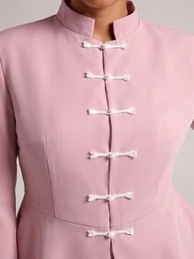 SHEIN BAE Cream Frog Button Peplum Blazer, Black Contrast Knot Closure Stand Collar Suit Jacket For Work Dinner Office Summer, Guest Outfit, Wedding Elegant - Pink - View 8