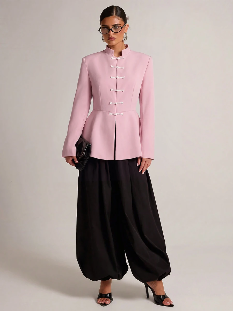 SHEIN BAE Cream Frog Button Peplum Blazer, Black Contrast Knot Closure Stand Collar Suit Jacket For Work Dinner Office Summer, Guest Outfit, Wedding Elegant - Pink - View 1