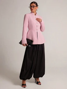 SHEIN BAE Cream Frog Button Peplum Blazer, Black Contrast Knot Closure Stand Collar Suit Jacket For Work Dinner Office Summer, Guest Outfit, Wedding Elegant - Pink - View 5