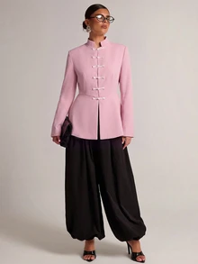 SHEIN BAE Cream Frog Button Peplum Blazer, Black Contrast Knot Closure Stand Collar Suit Jacket For Work Dinner Office Summer, Guest Outfit, Wedding Elegant - Pink - View 4