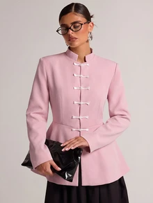 SHEIN BAE Cream Frog Button Peplum Blazer, Black Contrast Knot Closure Stand Collar Suit Jacket For Work Dinner Office Summer, Guest Outfit, Wedding Elegant - Pink - View 6