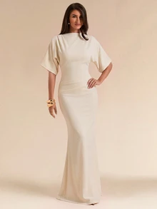 SHEIN BAE 春夏純白色短袖修身抓皺優雅長洋裝女款 - 杏色 - 查看 3