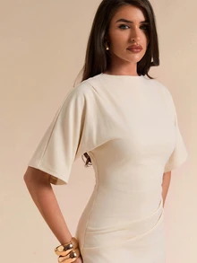 SHEIN BAE 春夏純白色短袖修身抓皺優雅長洋裝女款 - 杏色 - 查看 7