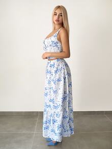 SHEIN ICON 2pcs Women Vintage Ditsy Floral Tie Front Camisole Top & A-Line Skirt Set, Blue - Multicolor - View 3