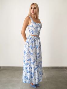 SHEIN ICON 2pcs Women Vintage Ditsy Floral Tie Front Camisole Top & A-Line Skirt Set, Blue - Multicolor - View 7