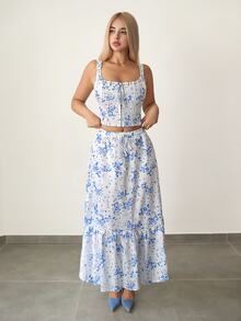 SHEIN ICON 2pcs Women Vintage Ditsy Floral Tie Front Camisole Top & A-Line Skirt Set, Blue - Multicolor - View 2