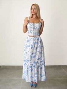 SHEIN ICON 2pcs Women Vintage Ditsy Floral Tie Front Camisole Top & A-Line Skirt Set, Blue - Multicolor - View 4