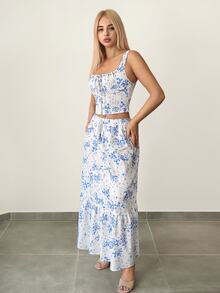 SHEIN ICON 2pcs Women Vintage Ditsy Floral Tie Front Camisole Top & A-Line Skirt Set, Blue - Multicolor - View 5