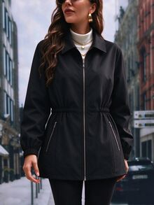 SHEIN LUNE Plus Size Casual Streetwear Autumn/Winter Long Sleeve Lapel Metal Zipper Pocket Jacket Vacation Going Out Black - Black - View 1
