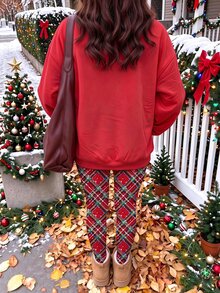 SHEIN EZwear 聖誕標語印花寬鬆圓領衛衣與聖誕格紋銀狐修身內搭褲2件套，秋季上衣，適合日常通勤、約會、聚會，秋冬春夏，聖誕節、新年、感恩節、派對、婚禮、海灘、畢業、時尚、優雅、休閒、外出、約會、約會、通勤 - 彩色 - 查看 2
