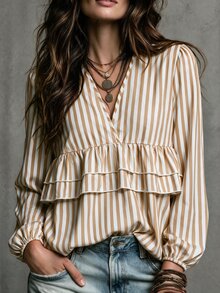 Glimmora Plus Size Soft Style Striped V-Neck Doll Blouse With Double Layer Ruffle Hem Lantern Long Sleeves Loose Fit Shirt - Multicolor - View 3