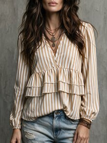 Glimmora Plus Size Soft Style Striped V-Neck Doll Blouse With Double Layer Ruffle Hem Lantern Long Sleeves Loose Fit Shirt - Multicolor - View 4