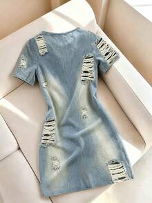 Elenzga Plus Size Women's Casual Fashion Basic Blue Round Neck Short Sleeve Dress, Suitable For Autumn/Winter Outings - White - View 2