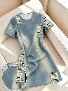 Elenzga Plus Size Women's Casual Fashion Basic Blue Round Neck Short Sleeve Dress, Suitable For Autumn/Winter Outings - White - View 3