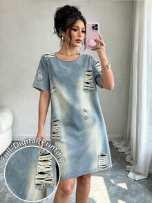 Elenzga Plus Size Women's Casual Fashion Basic Blue Round Neck Short Sleeve Dress, Suitable For Autumn/Winter Outings - White - View 1