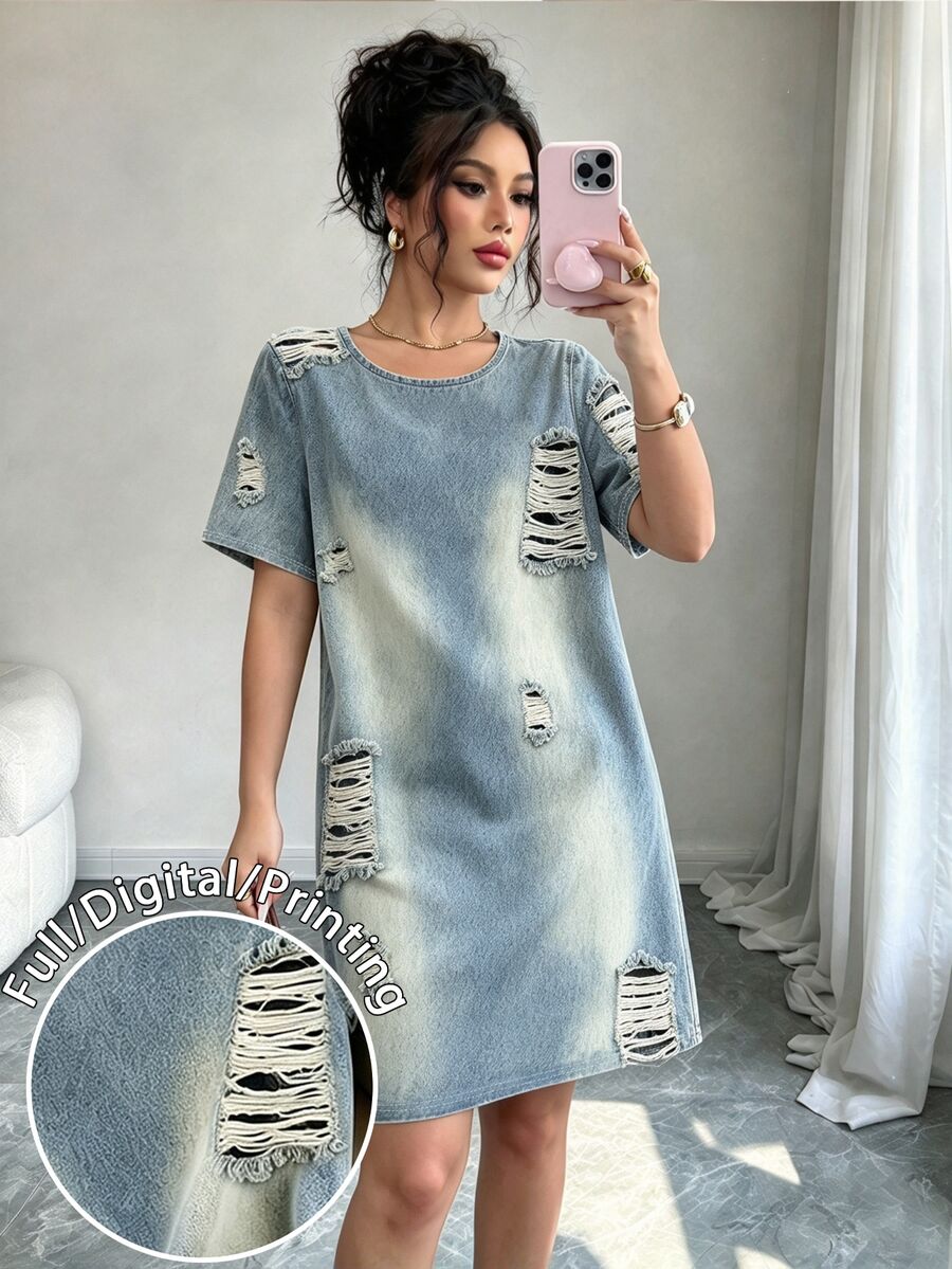 Elenzga Plus Size Women's Casual Fashion Basic Blue Round Neck Short Sleeve Dress, Suitable For Autumn/Winter Outings - White - View 1