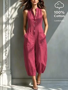 Hotletica Women's Solid Color Button Half-Placket Pocket Sleeveless Shirt Jumpsuit, Premium Fashion Commuter - Hot Pink - View 3