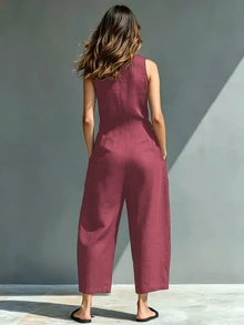 Hotletica Women's Solid Color Button Half-Placket Pocket Sleeveless Shirt Jumpsuit, Premium Fashion Commuter - Hot Pink - View 2