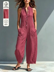 Hotletica Women's Solid Color Button Half-Placket Pocket Sleeveless Shirt Jumpsuit, Premium Fashion Commuter - Hot Pink - View 4