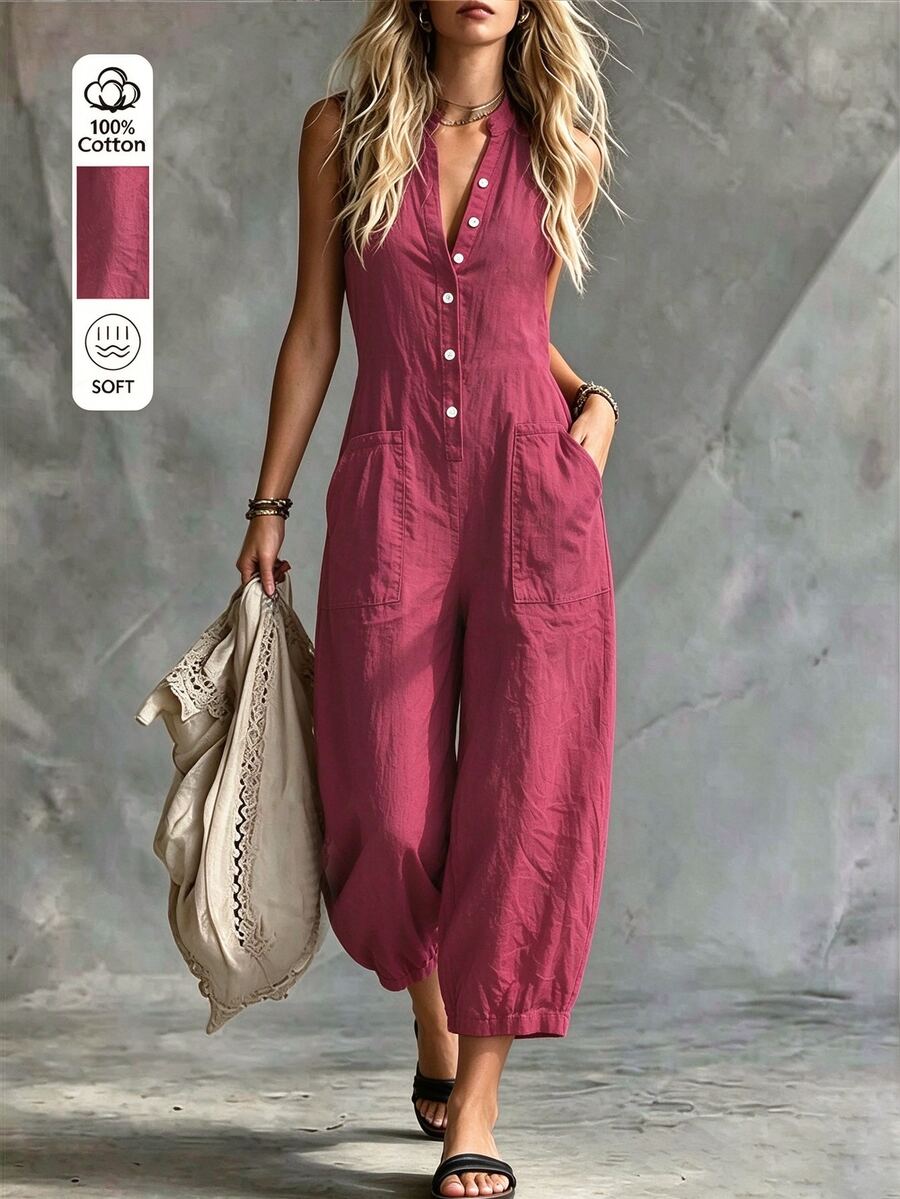 Hotletica Women's Solid Color Button Half-Placket Pocket Sleeveless Shirt Jumpsuit, Premium Fashion Commuter - Hot Pink - View 1