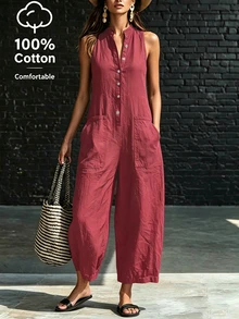 Hotletica Women's Solid Color Button Half-Placket Pocket Sleeveless Shirt Jumpsuit, Premium Fashion Commuter - Hot Pink - View 5