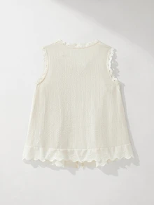 Maija Kids Maija Kids 1件女童优雅休闲度假精致舒适百搭杏色圆领荷叶边无袖上衣，适合日常穿着、返校、郊游、聚会、节日、春季、夏季 - 杏色 - 查看 3