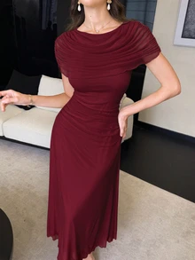Modelyn 淡黃色薄紗褶皺後綁帶優雅法式風格女款婚禮長洋裝 - 酒紅色 - 查看 5
