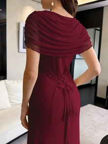 Modelyn 淡黃色薄紗褶皺後綁帶優雅法式風格女款婚禮長洋裝 - 酒紅色 - 查看 2